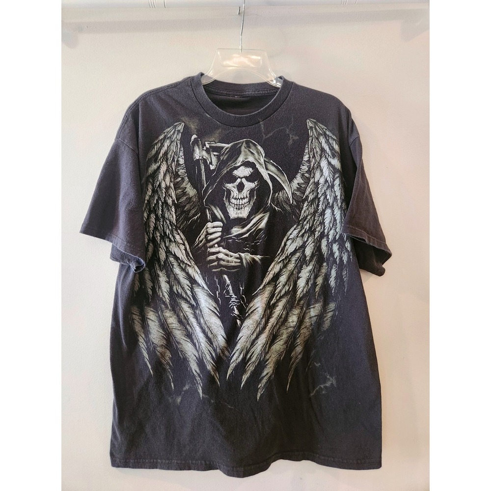 Vintage Grim Reaper‎ T-Shirt Mens Graphic Afflication Style Skull Biker Angel